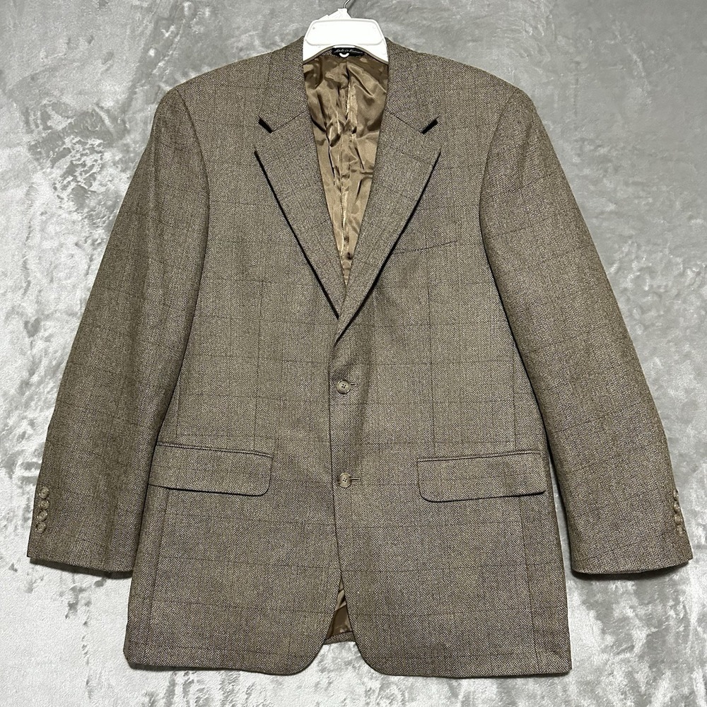 Club Room Herringbone Tweed Sport Coat Blazer Mens 42L Brown Wool Cashmere Vtg